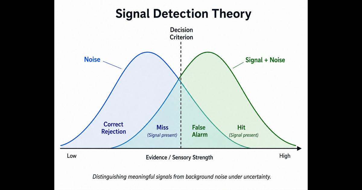 Signal Detection Theory bell curves showing overlapping noise and signal-plus-noise distributions, a decision criterion, and regions for correct rejections, misses, false alarms, and hits.